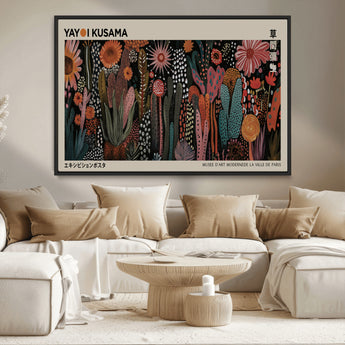 28344895-MGV-CV-36X24-Dark Floral Abstract Wall Art Poster – Modern Botanical Canvas Print with Beige Border, Kusama Inspired Boho Flower Painting,