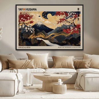 54967195-MGV-CV-36X24-Mount Fuji Wall Art – Japanese Cherry Blossom Abstract Canvas Print, Navy Gold Landscape Painting, Oriental Luxury Home Decor