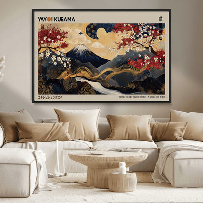 54967195-MGV-CV-36X24-Mount Fuji Wall Art – Japanese Cherry Blossom Abstract Canvas Print, Navy Gold Landscape Painting, Oriental Luxury Home Decor
