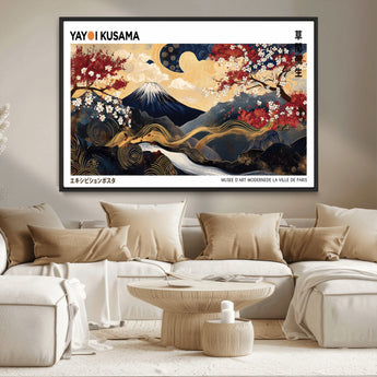 66243961-MGV-CV-36X24-Mount Fuji Japanese Wall Art – Golden Abstract Landscape Canvas Print, Cherry Blossom Painting, Modern Oriental Zen Home Decor