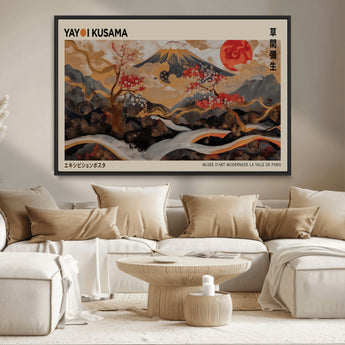 77970791-MGV-CV-36X24-Mount Fuji Golden Abstract Wall Art – Japanese Landscape Canvas Poster, Cherry Blossom & Red Sun Painting, Elegant Zen Oriental