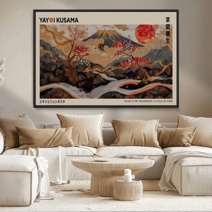 77970791-MGV-CV-36X24-Mount Fuji Golden Abstract Wall Art – Japanese Landscape Canvas Poster, Cherry Blossom & Red Sun Painting, Elegant Zen Oriental