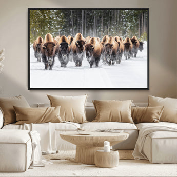 22695857-MGV-CV-36X24-Bison Herd Scene Wall Art Canvas Print, Framed Western Wildlife Art Picture Print, Rustic Animal Art Perfect Rustic Lodge Decor