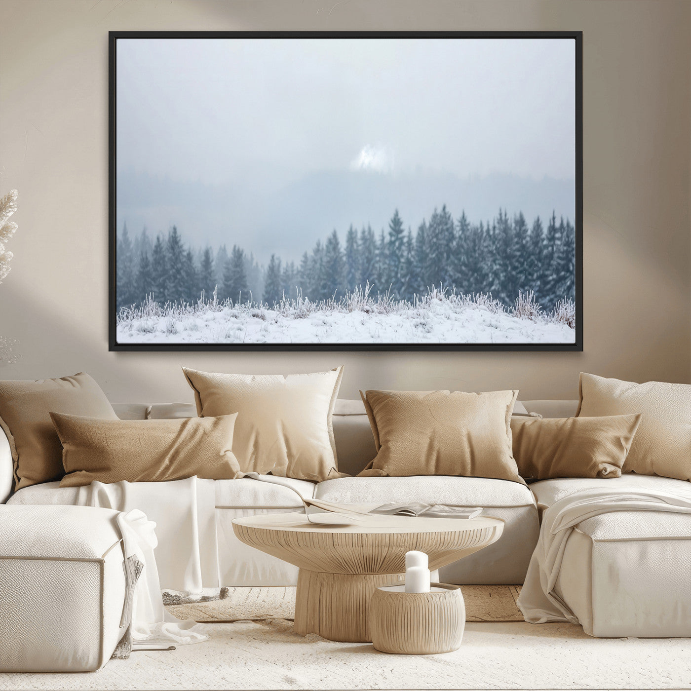 33033082-MGV-CV-36X24-Winter Forest Art Wall Art Canvas Print, Framed Snowy Landscape Art Picture Print, Misty Tree Scene Perfect Nordic Minimalist