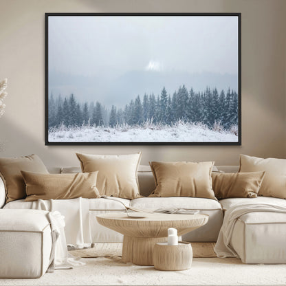 33033082-MGV-CV-36X24-Winter Forest Art Wall Art Canvas Print, Framed Snowy Landscape Art Picture Print, Misty Tree Scene Perfect Nordic Minimalist