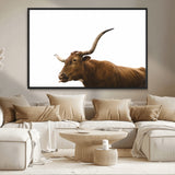 62566114-MGV-CV-36X24-Longhorn Cow Art Wall Art Canvas Print, Framed Rustic Animal Decor Art Picture Print, Texas Bull Photo Perfect Rustic Farmhouse
