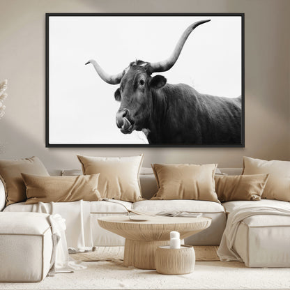 99244177-MGV-CV-36X24-Longhorn Photography Wall Art Canvas Print, Framed Western Cow Decor Art Picture Print, Black White Bull Perfect Modern Rustic