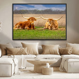 97244565-MGV-CV-36X24-Longhorn Duo Wall Art Canvas Print, Framed Cozy Ranch Vibes Art Picture Print, Western Ranch Decor Perfect Rustic Farmhouse Decor