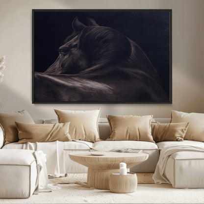 67026880-MGV-CV-36X24-Black Horse Portrait Wall Art Canvas Print, Framed Moody Horse Decor Art Picture Print, Equestrian Wall Style Perfect Masculine