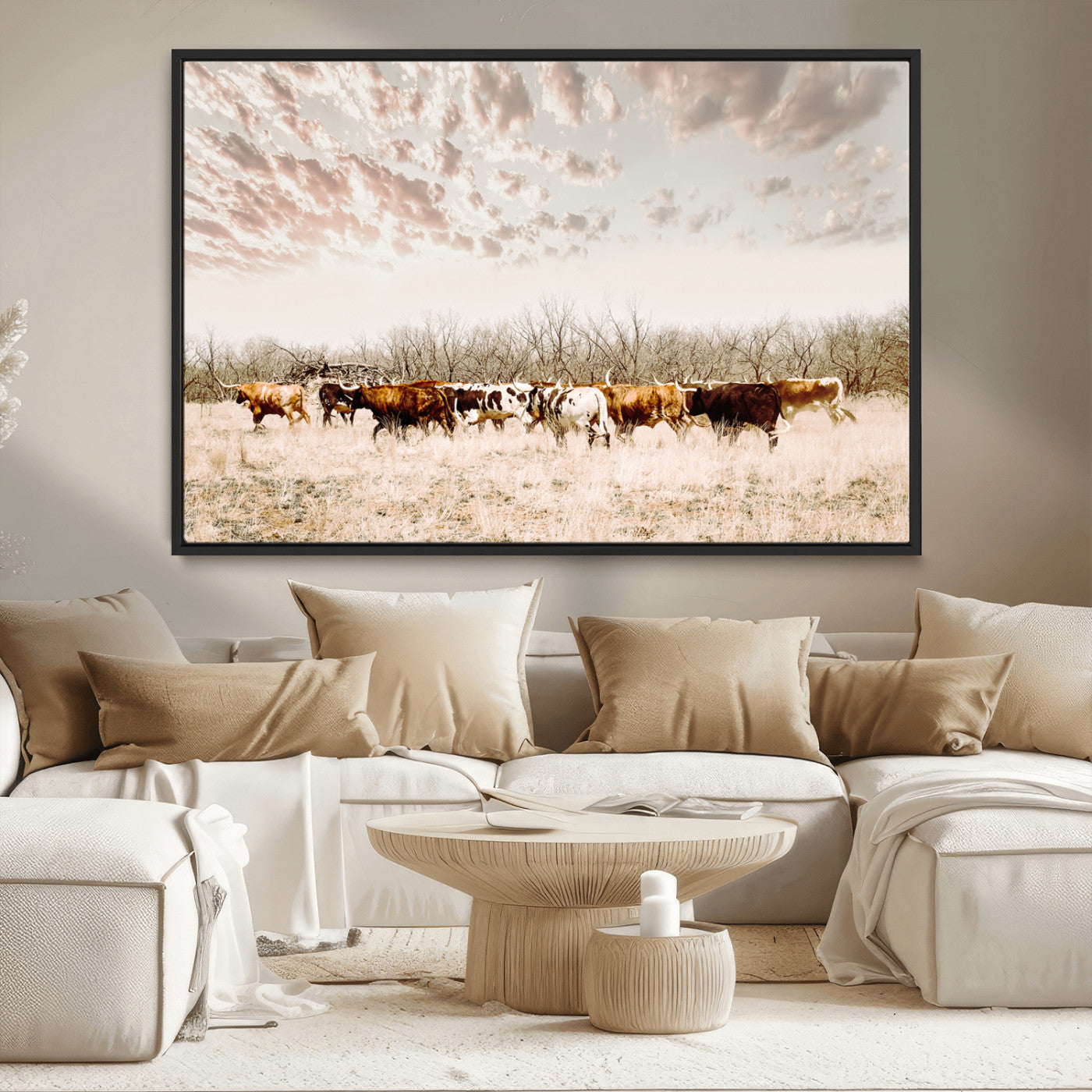 57389417-MGV-CV-36X24-Cow Herd Photography Wall Art Canvas Print, Framed Rustic Farmhouse Decor Art Picture Print, Western Ranch Style Perfect Rustic
