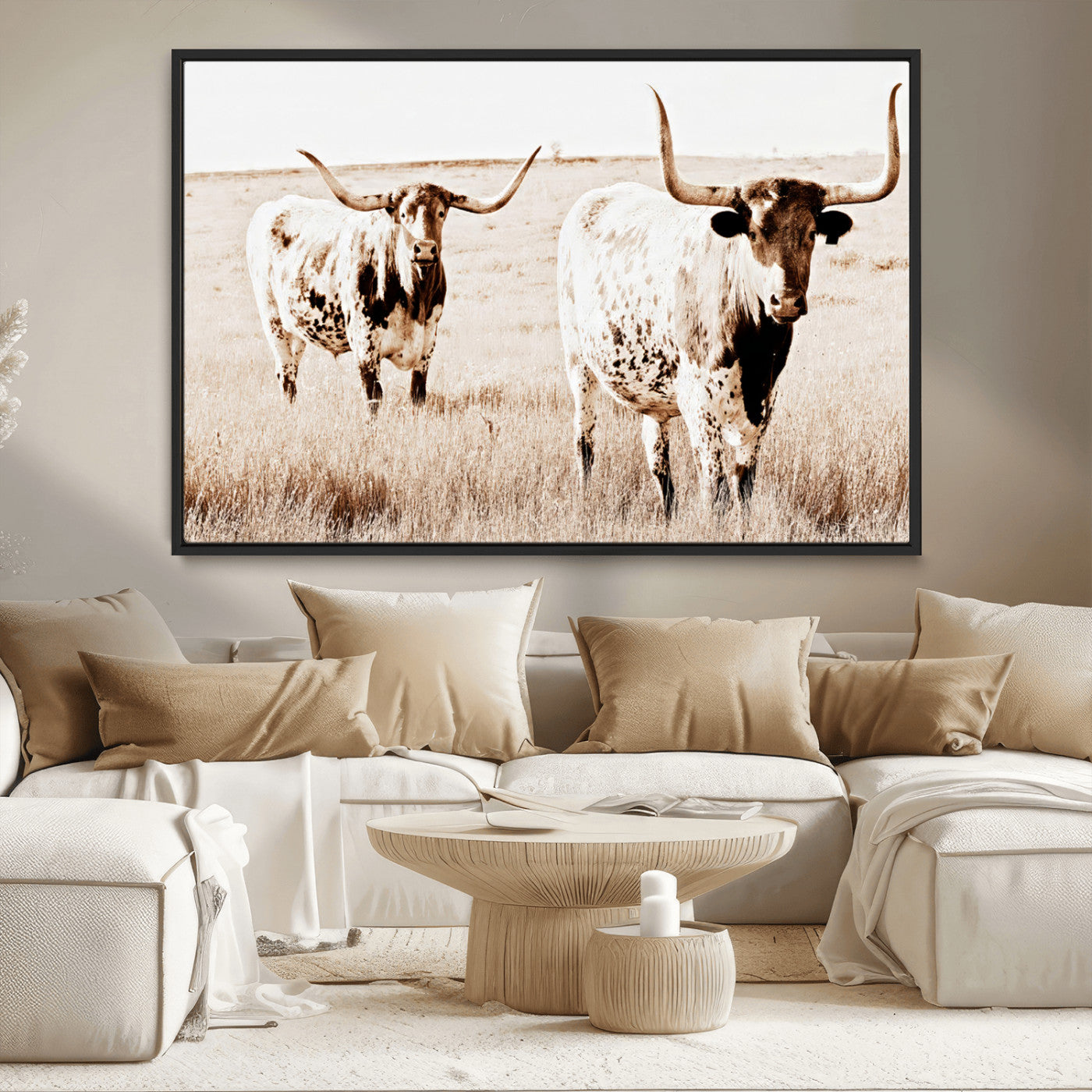 39672786-MGV-CV-36X24-Rustic Cow Scene Wall Art Canvas Print, Framed Farmhouse Style Cattle Art Picture Print, Prairie Animal Duo Perfect Rustic Western