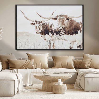 48161868-MGV-CV-36X24-Longhorn Cow Decor Wall Art Canvas Print, Framed Rustic Cattle Art Picture Print, Sepia Western Vibe Perfect Neutral Rustic