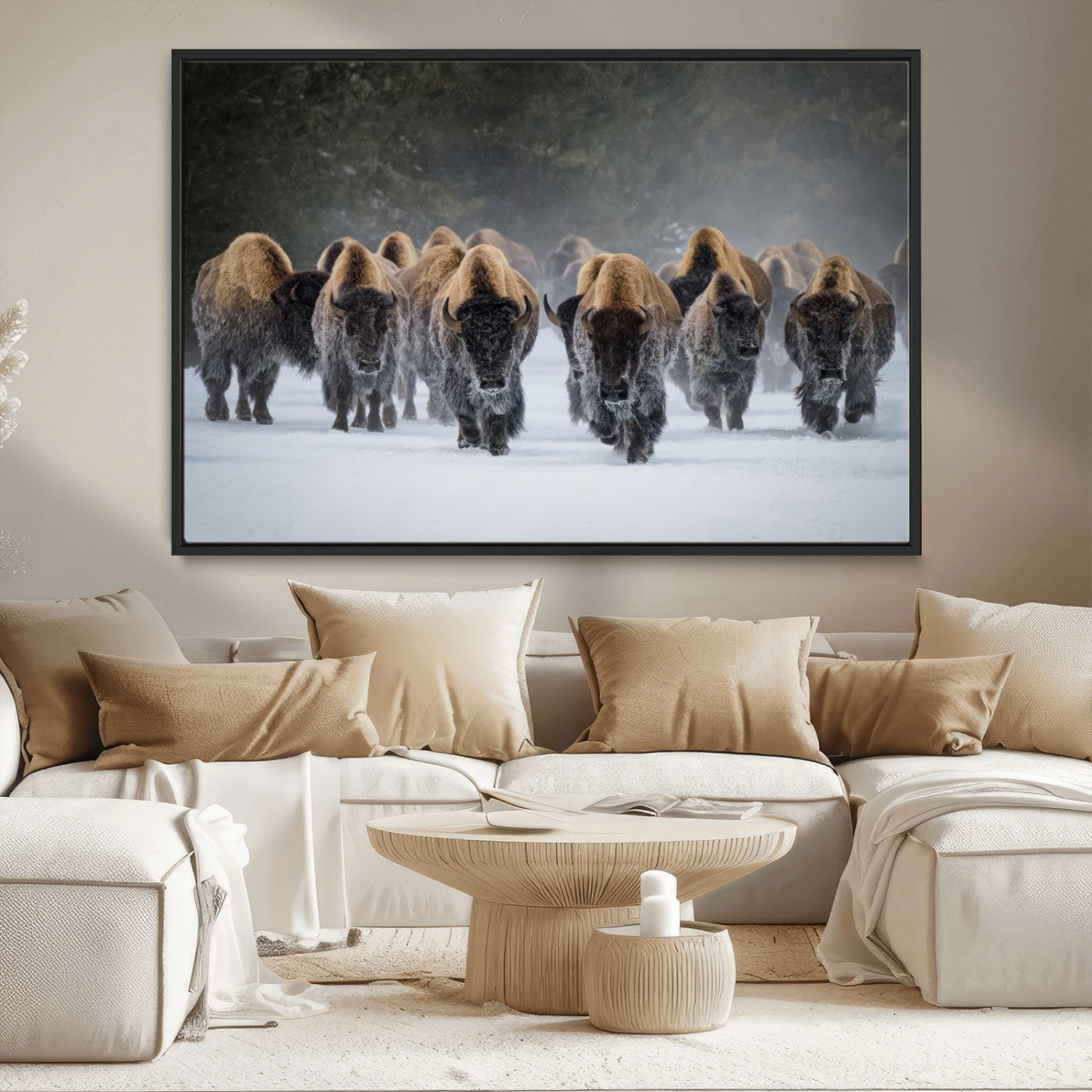 41669135-MGV-CV-36X24-Bison Herd Scene Wall Art Canvas Print, Framed Rustic Wildlife Decor Art Picture Print, Snowy Bison Landscape Perfect Rustic