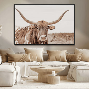 77810049-MGV-CV-36X24-Longhorn Bull Photo Wall Art Canvas Print, Framed Rustic Cow Decor Art Picture Print, Neutral Farmhouse Style Perfect Rustic