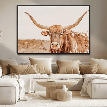 74406977-MGV-CV-36X24-Longhorn Bull Decor Wall Art Canvas Print, Framed Western Cow Theme Art Picture Print, Rustic Farmhouse Wall Perfect Neutral