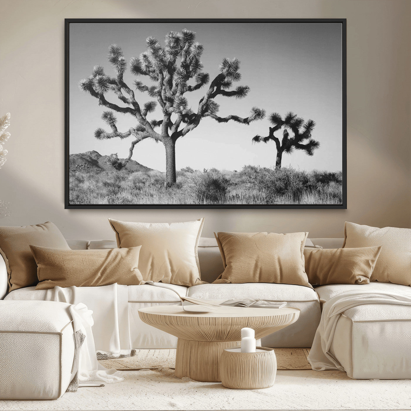 93692513-MGV-CV-36X24-Joshua Tree Wall Art Canvas Print, Framed Monochrome Desert Art Picture Print, Minimalist Nature Scene Perfect Southwestern