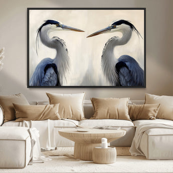 18230556-MGV-CV-36X24-Blue Heron Pair Wall Art Canvas Print, Framed Coastal Bird Theme Art Picture Print, Tranquil Wildlife Scene Perfect Coastal