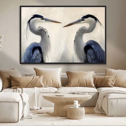 18230556-MGV-CV-36X24-Blue Heron Pair Wall Art Canvas Print, Framed Coastal Bird Theme Art Picture Print, Tranquil Wildlife Scene Perfect Coastal