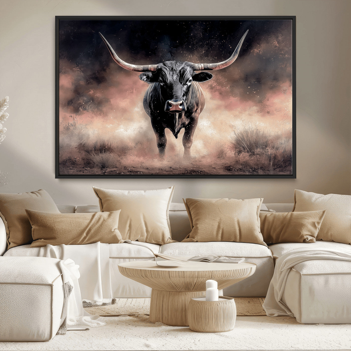 71457818-MGV-CV-36X24-Longhorn Wall Art Wall Art Canvas Print, Framed Western Bull Canvas Art Picture Print, Rustic Cow Decor Perfect Western Dramatic