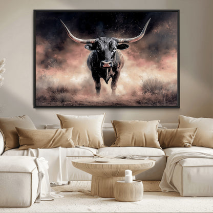 71457818-MGV-CV-36X24-Longhorn Wall Art Wall Art Canvas Print, Framed Western Bull Canvas Art Picture Print, Rustic Cow Decor Perfect Western Dramatic