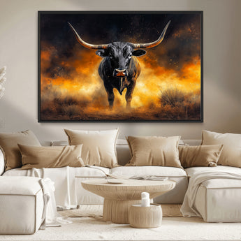 58293979-MGV-CV-36X24-Longhorn Canvas Wall Art Canvas Print, Framed Bold Bull Wall Art Art Picture Print, Western Animal Decor Perfect Western Dramatic