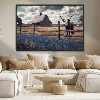 51092814-MGV-CV-36X24-Texas Longhorn Wall Art Wall Art Canvas Print, Framed Rustic Barn Canvas Art Picture Print, Farmhouse Cow Decor Perfect Rustic
