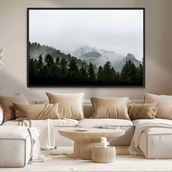 55968349-MGV-CV-36X24-Misty Mountains Wall Art Canvas Print, Framed Foggy Forest Art Picture Print, Snowy Peaks Perfect Moody Wilderness Decor Artwork