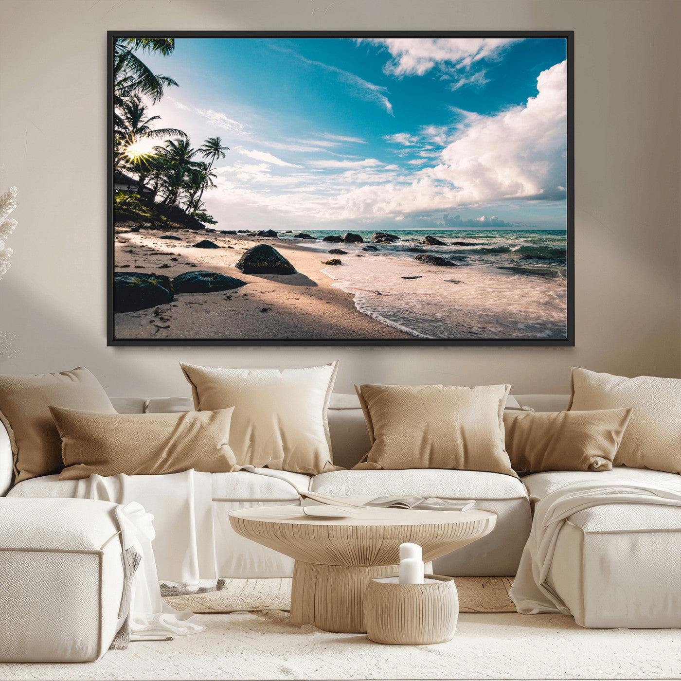 95301406-MGV-CV-36X24-Tropical Beach Wall Art Canvas Print, Framed Ocean Waves Art Picture Print, Relazxing Seascape Perfect Tropical Coastal Decor