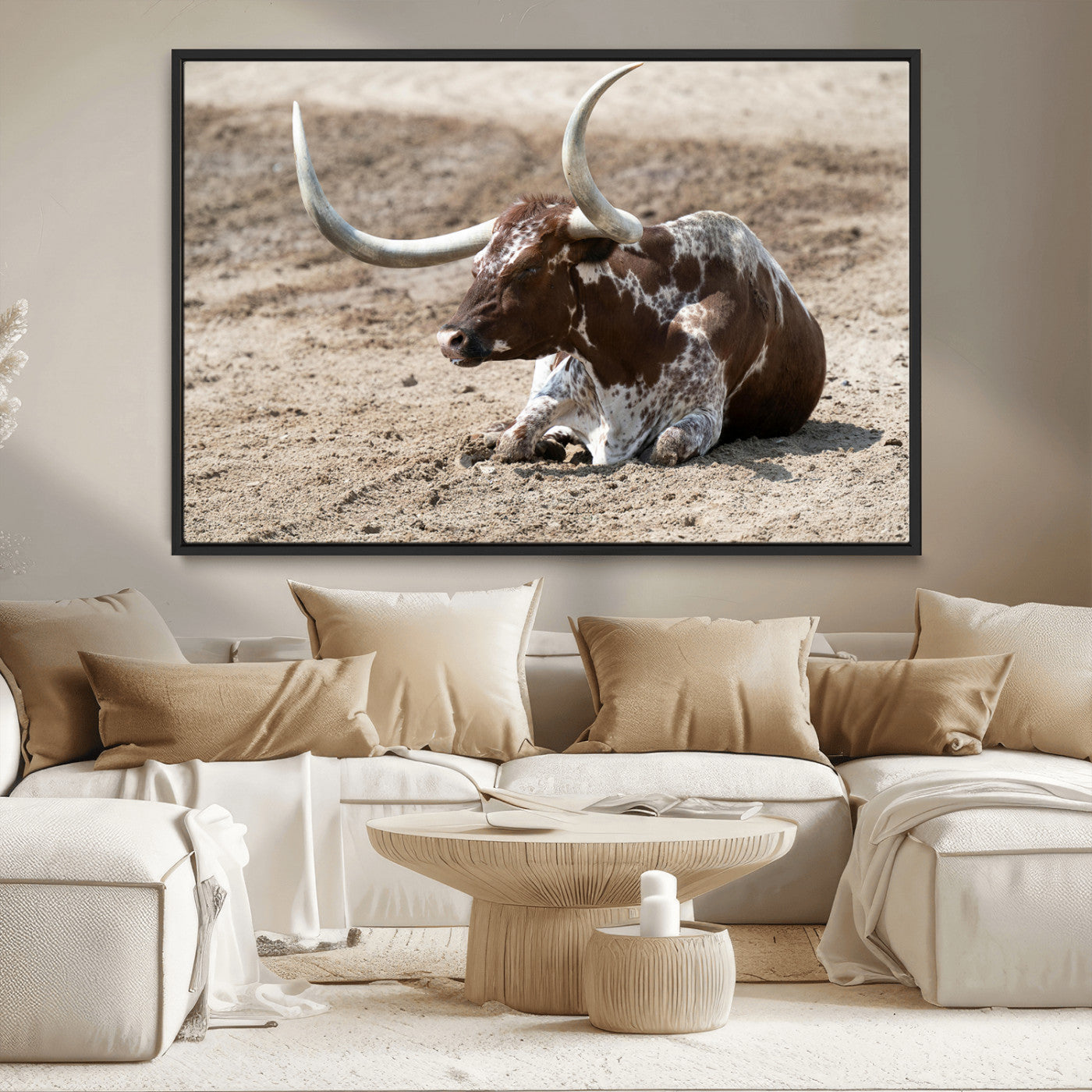 76549210-MGV-CV-36X24-Texas Longhorn Wall Art Canvas Print, Framed Country Living Art Picture Print, Farmhouse Aesthetic Perfect Western Rustic Decor