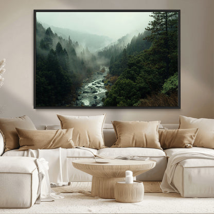 48497565-MGV-CV-36X24-Misty Forest Wall Art Canvas Print, Framed Foggy River Art Picture Print, Moody Landscape Perfect Moody Wilderness Decor Artwork