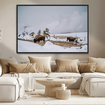 60308289-MGV-CV-36X24-Bison Wildlife Wall Art Canvas Print, Framed Snowy Prairie Art Picture Print, Western Landscape Perfect Rustic Winter Decor
