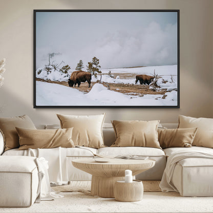 60308289-MGV-CV-36X24-Bison Wildlife Wall Art Canvas Print, Framed Snowy Prairie Art Picture Print, Western Landscape Perfect Rustic Winter Decor
