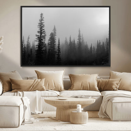 73138900-MGV-CV-36X24-Misty Pines Wall Art Canvas Print, Framed Woodland Photography Art Picture Print, Minimalist Decor Perfect Modern Rustic Decor
