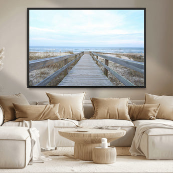 31602988-MGV-CV-36X24-Beach Boardwalk Wall Art Canvas Print, Framed Coastal Serenity Art Picture Print, Ocean View Perfect Coastal Minimalist Decor