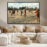 39144651-MGV-CV-36X24-Texas Longhorns Wall Art Canvas Print, Framed Rustic Farm Scene Art Picture Print, Western Cattle Perfect Rustic Farmhouse Decor