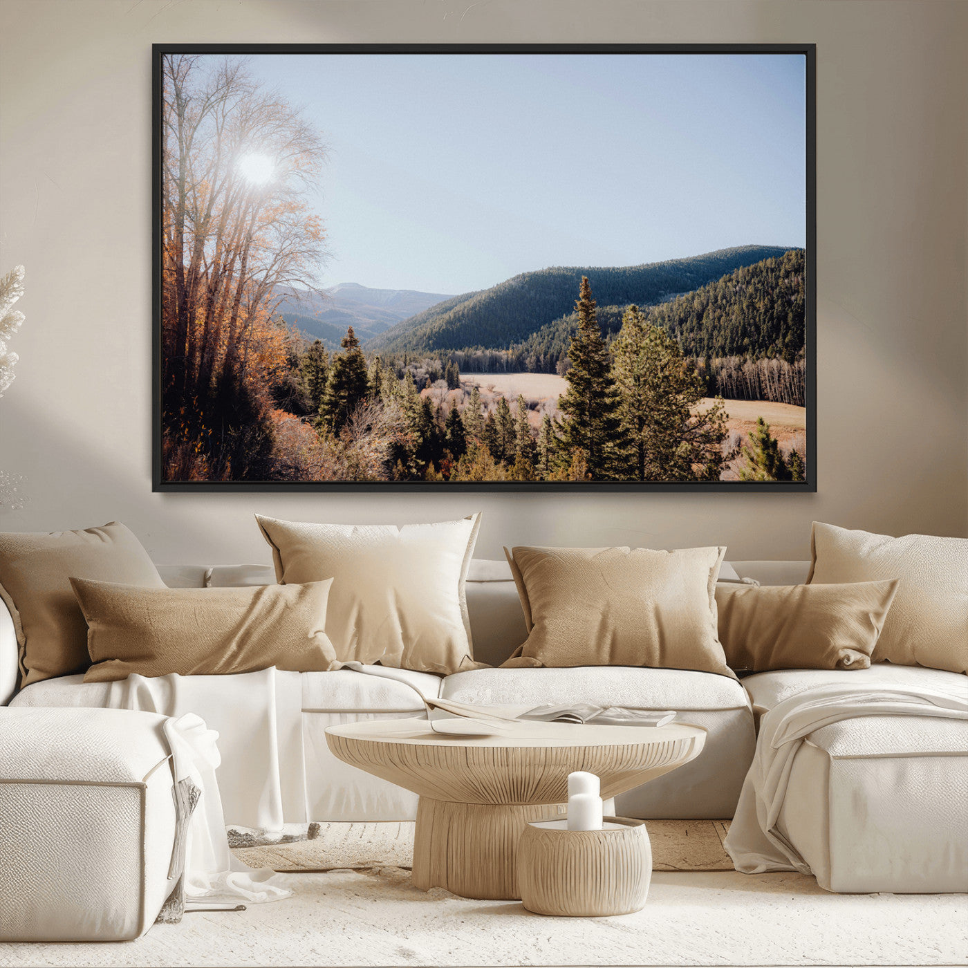 52941305-MGV-CV-36X24-Rustic Landscape Wall Art Canvas Print, Framed Serene Valley Art Picture Print, Pine Tree Horizon Perfect Rustic Cabin Decor