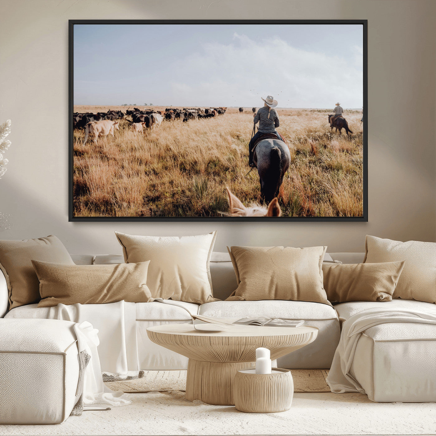 22431577-MGV-CV-36X24-Western Wall Art Wall Art Canvas Print, Framed Cowboy Canvas Art Picture Print, Cattle Drive Scene Perfect Rustic Western Decor