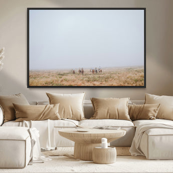 14761944-MGV-CV-36X24-Foggy Plains Wall Art Canvas Print, Framed Horseback Riders Art Picture Print, Rustic Western Perfect Rustic Western Decor Artwork