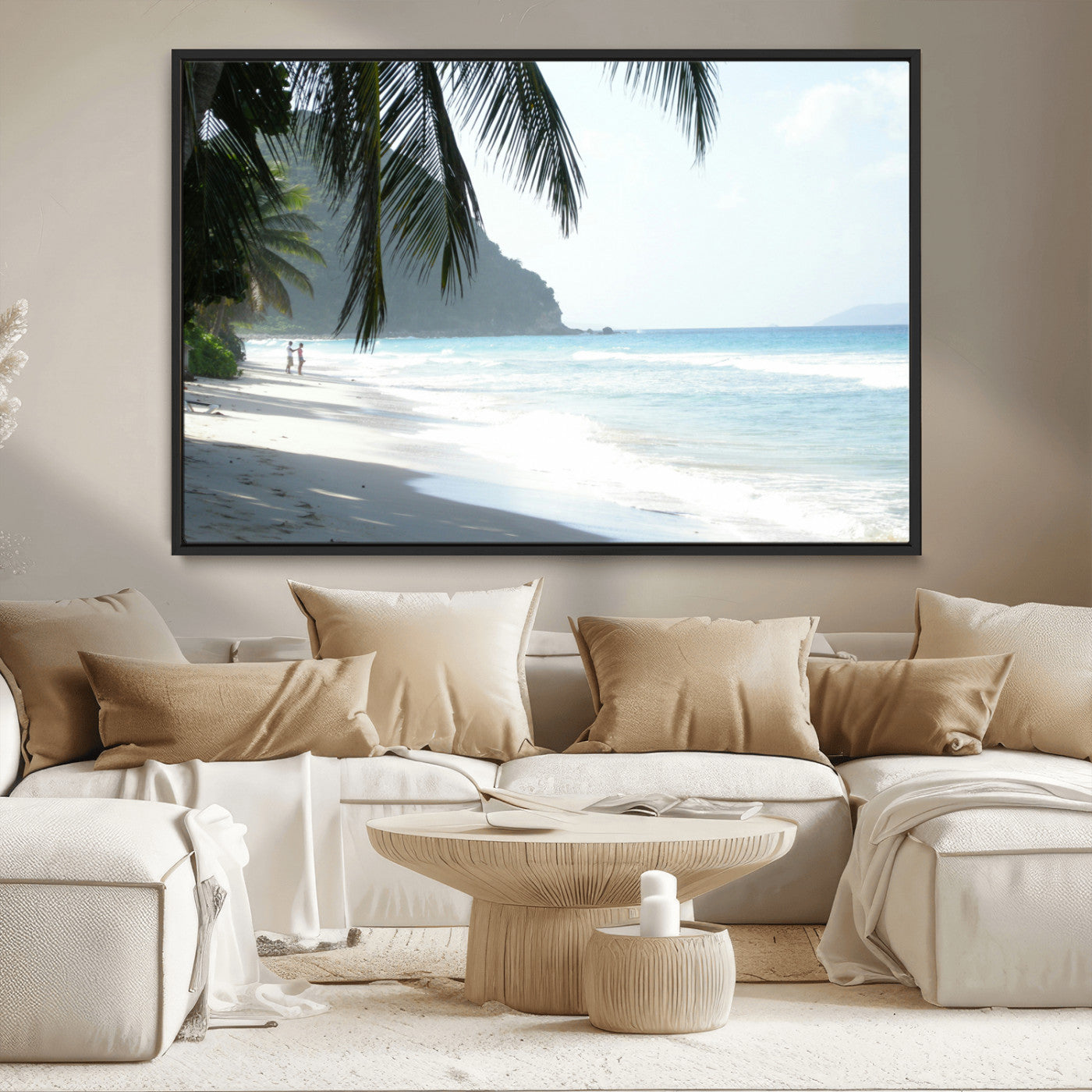 18311030-MGV-CV-36X24-Tropical Beach Wall Art Canvas Print, Framed Serene Ocean Art Picture Print, Palm Tree Shadows Perfect Tropical Coastal Decor