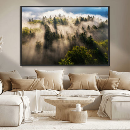 14785710-MGV-CV-36X24-Tranquil Forest Scene Wall Art Canvas Print, Framed Sunbeam Through Trees Art Picture Print, Moody Green Wall Art Perfect