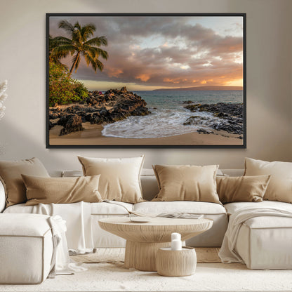 55108220-MGV-CV-36X24-Tropical Beach Wall Art Canvas Print, Framed Hawaiian Sunset Art Picture Print, Ocean Waves Perfect Coastal Tropical Decor Artwork