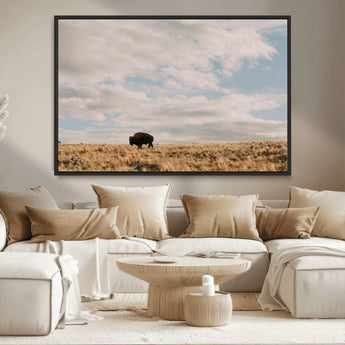 22754563-MGV-CV-36X24-Earthy Tones Wall Art Canvas Print, Framed Rustic Nature Art Picture Print, Solitary Buffalo Perfect Western Minimalist Decor