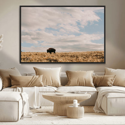 22754563-MGV-CV-36X24-Earthy Tones Wall Art Canvas Print, Framed Rustic Nature Art Picture Print, Solitary Buffalo Perfect Western Minimalist Decor