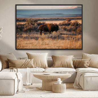 39509187-MGV-CV-36X24-Western Wildlife Wall Art Canvas Print, Framed Bison Art Picture Print, Golden Hour Perfect Western Rustic Decor Artwork
