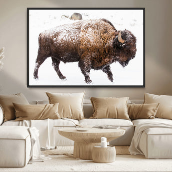 94261165-MGV-CV-36X24-Snowy Buffalo Wall Art Canvas Print, Framed Wildlife Photography Art Picture Print, Brown Tones Perfect Rustic Lodge Decor Decor