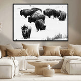18914414-MGV-CV-36X24-Buffalo Herd Wall Art Canvas Print, Framed Black and White Art Picture Print, Snowy Landscape Perfect Rustic Lodge Decor Decor