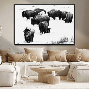 18914414-MGV-CV-36X24-Buffalo Herd Wall Art Canvas Print, Framed Black and White Art Picture Print, Snowy Landscape Perfect Rustic Lodge Decor Decor