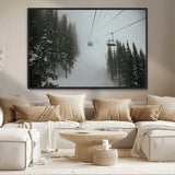 87018452-MGV-CV-36X24-Ski Lift Wall Art Canvas Print, Framed Snowy Pines Art Picture Print, Misty Landscape Perfect Winter Serenity Decor Artwork