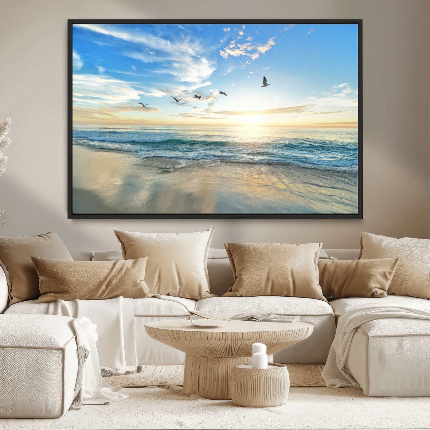 20708696-MGV-CV-36X24-Minimalist Seaside Wall Art Canvas Print, Framed Morning Glow Art Picture Print, Golden Reflections Perfect Coastal Minimalist