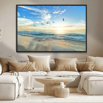 20708696-MGV-CV-36X24-Minimalist Seaside Wall Art Canvas Print, Framed Morning Glow Art Picture Print, Golden Reflections Perfect Coastal Minimalist